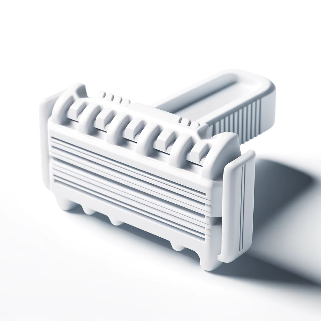 DALL·E 2024-05-08 18.10.48 - A white colored razor blade with a similar design as a modern razor blade head, featuring multiple parallel blades and a sleek plastic body, set again.webp